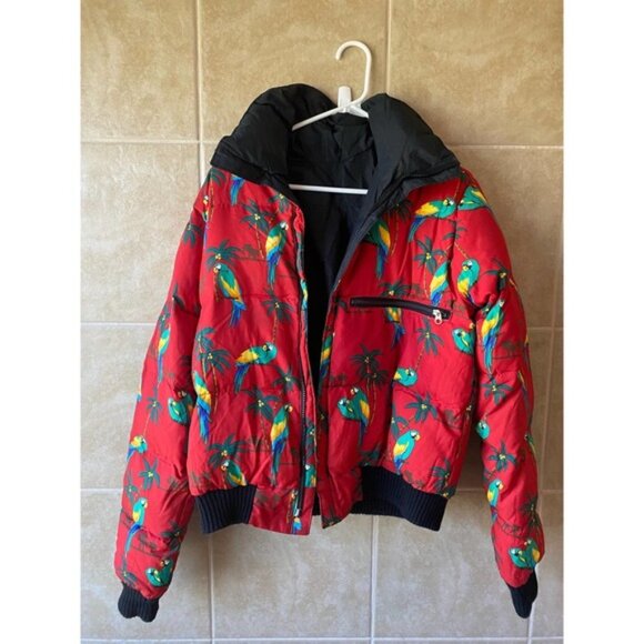 Vintage 90s Tropical Parrot Down-Filled Jacket, Size Large Kids - Picture 1 of 14
